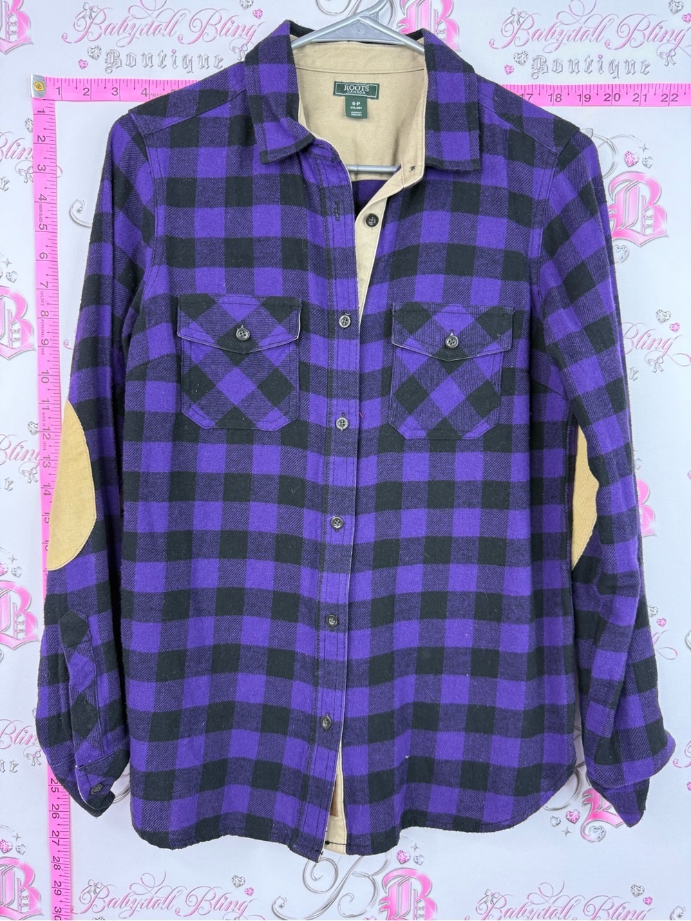 Roots jacket sweater Purple and Black Buffalo Plaid Shirt with Tan Elbow Patches